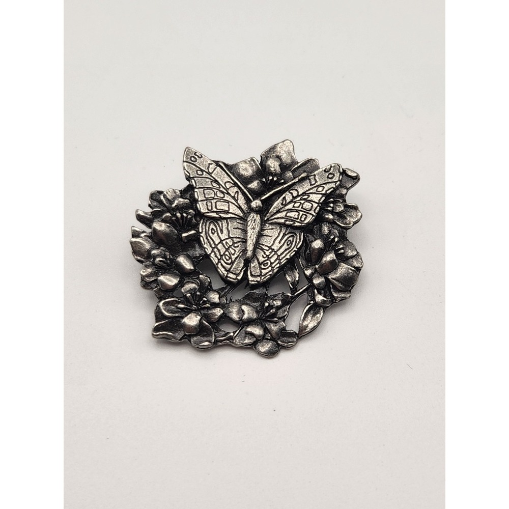 Vintage pewter Birds and Blooms limited edition‎ butterfly brooch pin